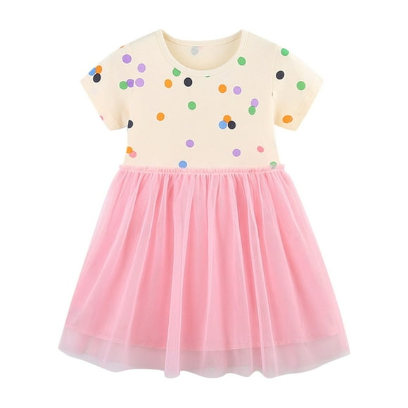 Odeerbi Niñas Verano Vestido de Algodón de Puntos Imprimir Tul Vestido de Los Niños Polka Vestido de Manga Corta