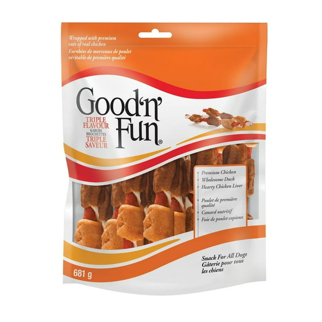 Good'N'Fun Triple Flavour Kabobs, 681 Grams, Delicious Chew Treats With Rawhide, Pork Hide, Real Chicken, Chicken Liver And Duck Long-Lasting Snack For All Dogs