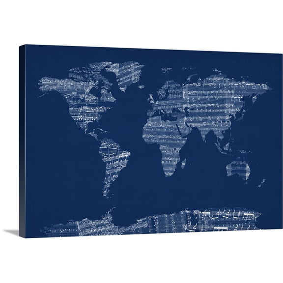 Great BIG Canvas | "Sheet Music World Map, Blue" Canvas Wall Art - 36x24