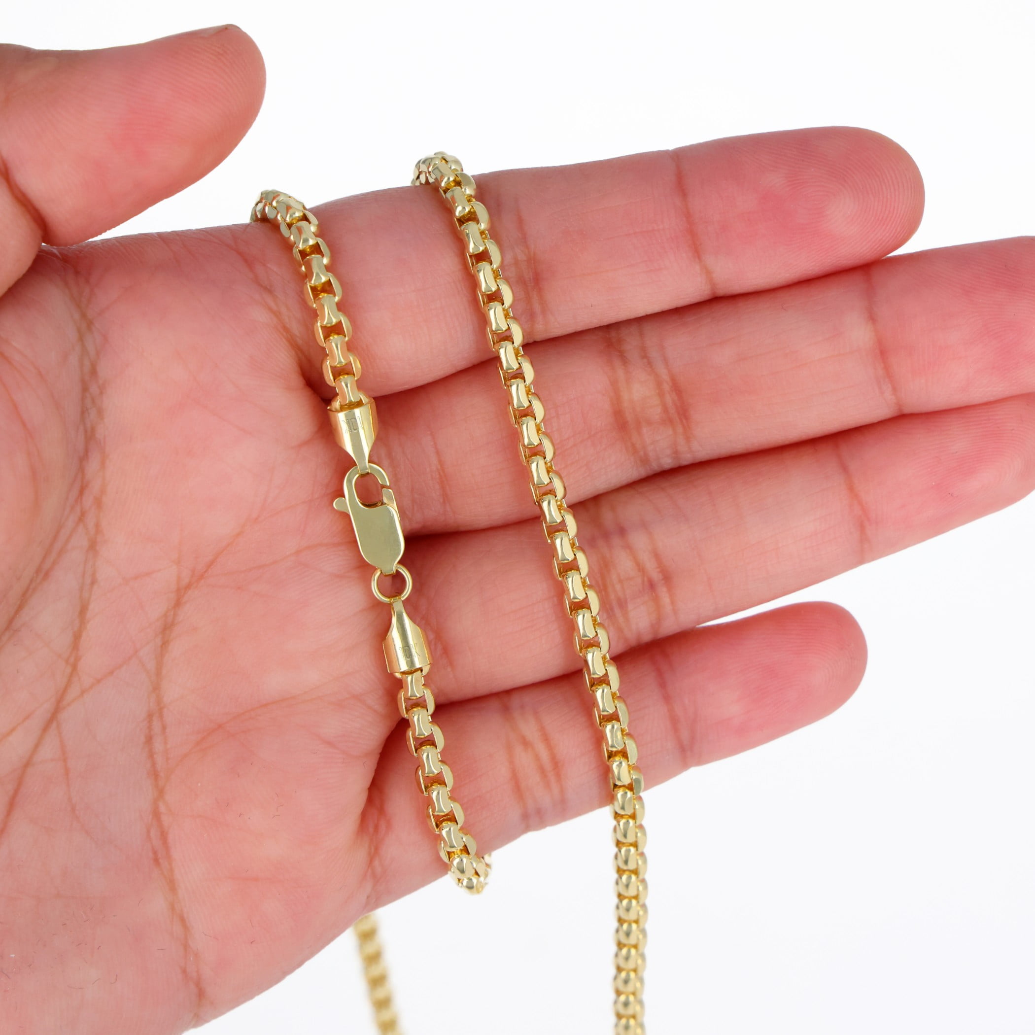 Nuragold 10k Real Yellow Gold Round Box 3.5mm Venetian LInk Chain Necklace (16"-30") Italian Jewelry for Men & Women