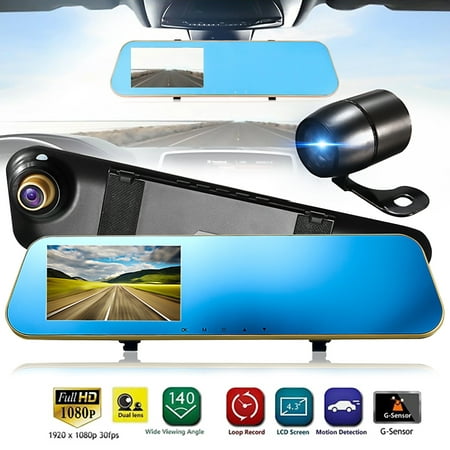 4.3'' Dual Lens 1080P Full HD Car Camera Vehicle Rearview Reverse Mirror Backup Camera Dash Cam DVR Video Recorder Night Vision, Parking Mointor G-sensor Motion (Best Cam For Harley 96 Ci)