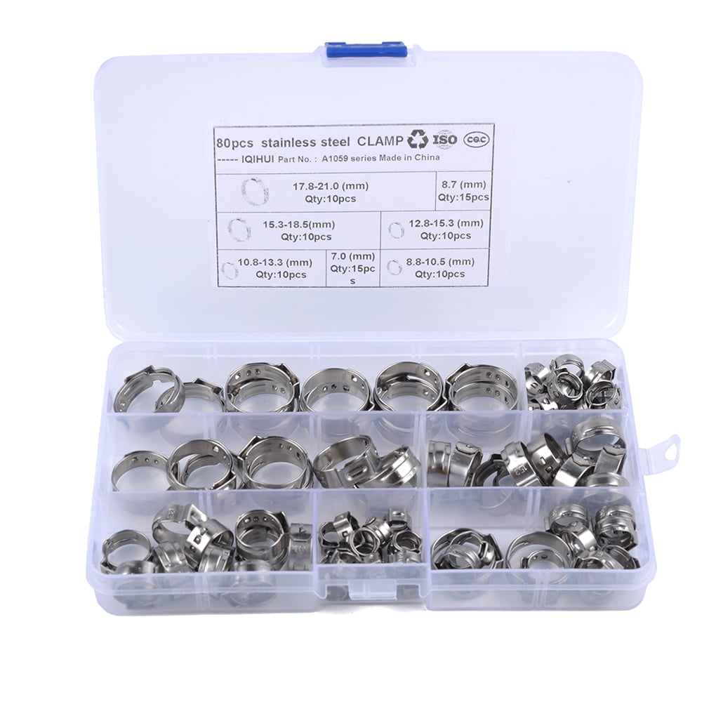 5.8-21MM Stepless Hose Clamp Stainless Steel Single Ear O Clips Assortment Kit 
