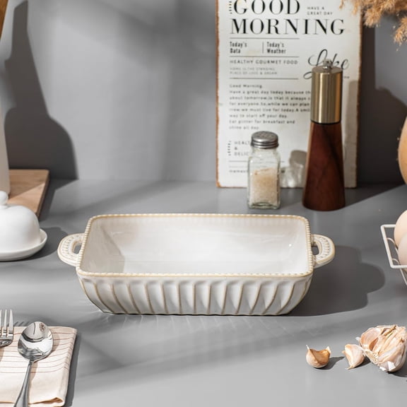 Ceramic Casserole Dish Set of 3, Vintage Hobnail Rectangular Baking Pans with Handles, Deep Lasagna Bakeware for Oven Baking, Cake & Casseroles, 13.7/11.6/8.9 Inch