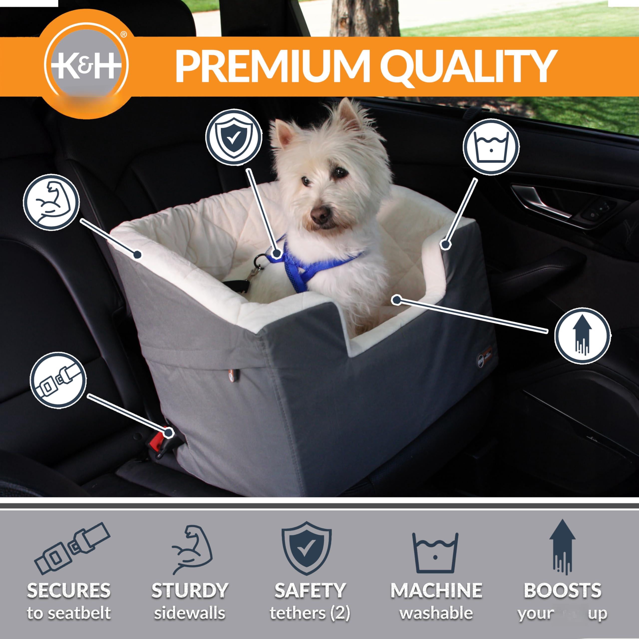 Bucket Booster Dog Car Seat  Belt Secured 2 Safety Leashes Washable Covers Sturdy Seats For Cats & Dogs - Small Gray/cream