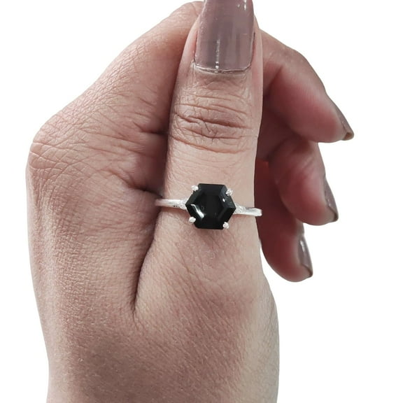 Hexagon Black Onyx Ring, 925 Sterling Silver, Women Ring, Natural Onyx, December Birthstone, Christmas, Thanksgiving, Tiny Dainty Ring, CZ Ring, Handmade, Statement Jewelry, Wedding, Anniversary Gift