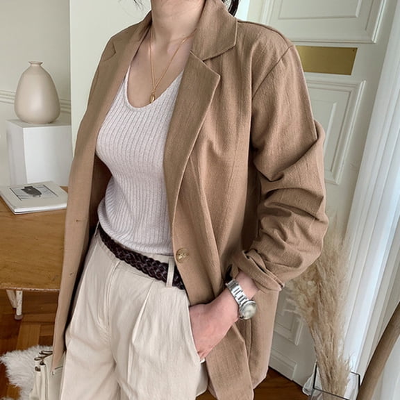 tasrioml Women's Casual One Button Cotton Linen Blazer Long Sleeve Suit Coat Casual OL Work Blazer Jacket for Spring Summer