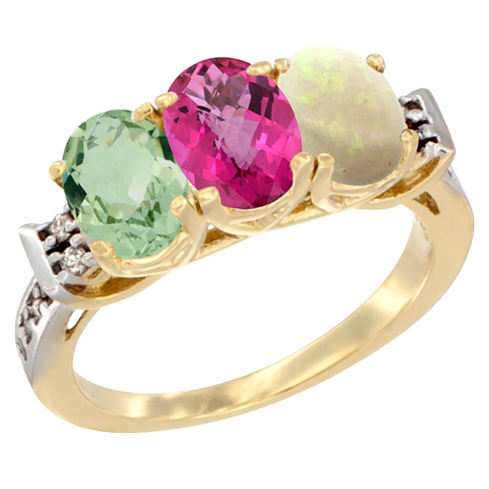 10K Yellow Gold Natural Green Amethyst, Pink Topaz & Opal Ring 3-Stone Oval 7x5 mm Diamond Accent, sizes 5 10 by WorldJewels