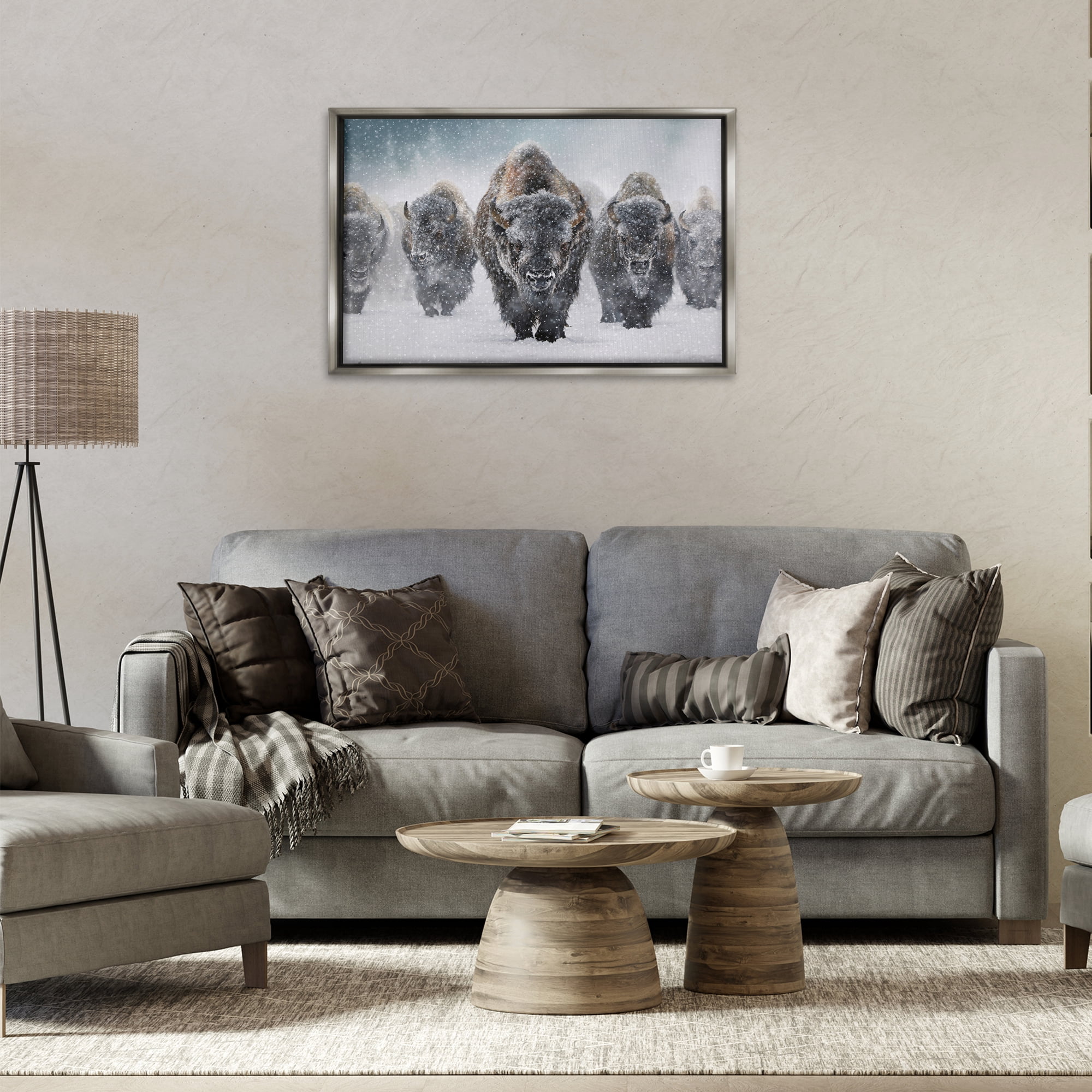 Stupell Industries Indomitable Bison in Snow Animals Photography Gray Floater Framed Canvas Art Print Wall Art, 31 x 21