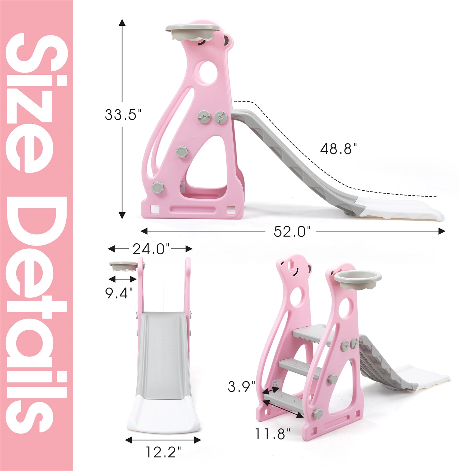 Hommoo Kids Slide Indoor Outdoor Climber Playground with Basketball Hoop，Grey Pink