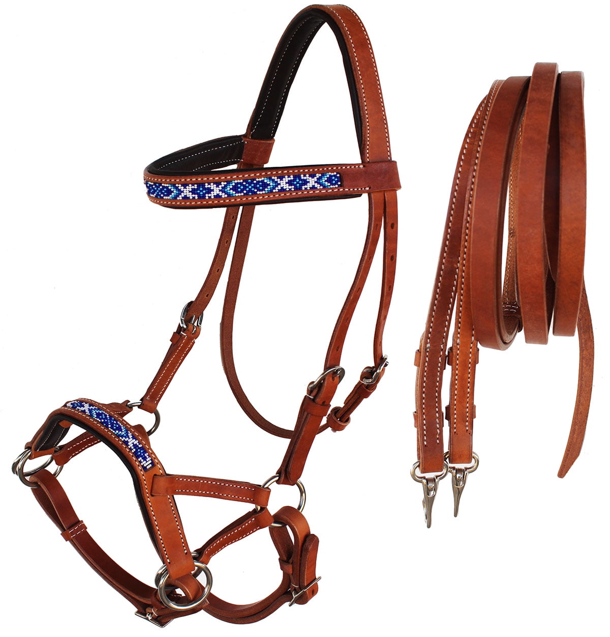 Horse Western Padded Leather Beaded Bitless Sidepull Bridle Reins