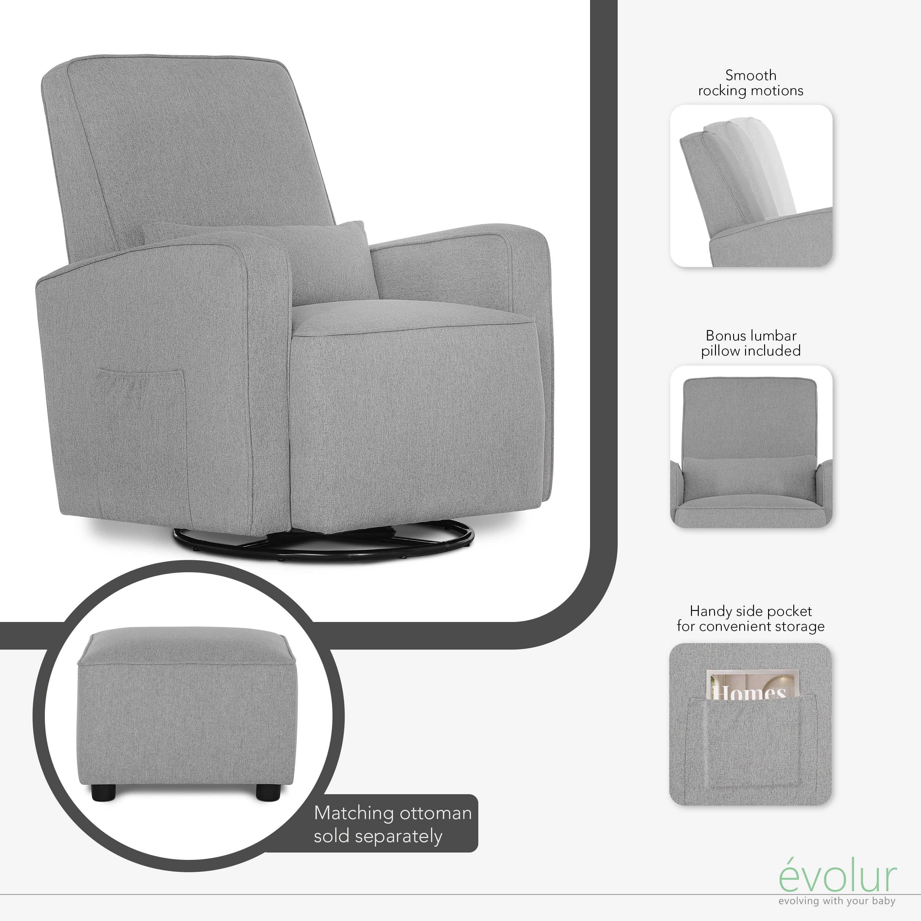 Evolur Holland Upholstered Swivel Glider | Rocker I Included Lumbar Pillow I Modern Design, Luxe Grey