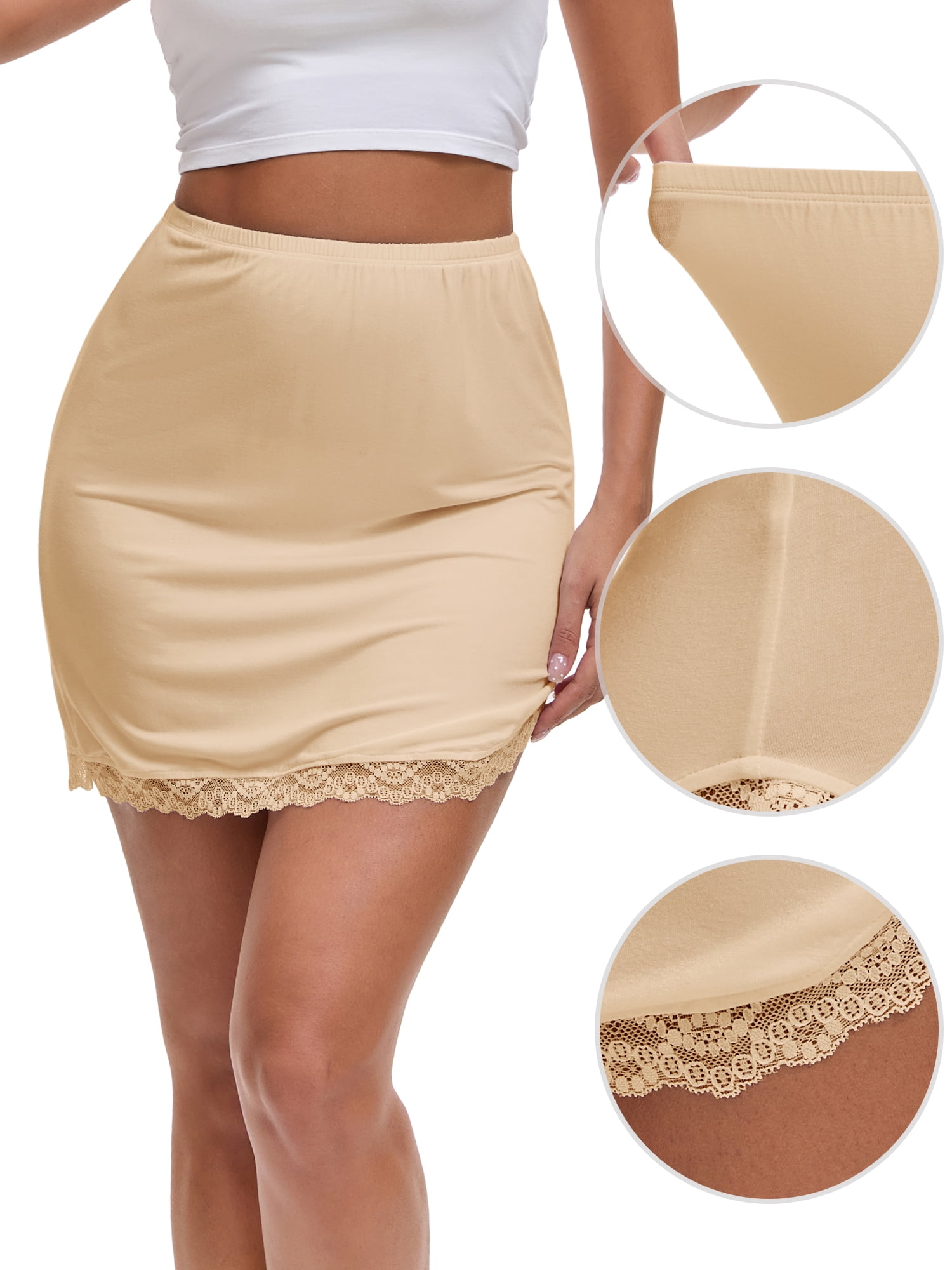 DARING DIVA Women's Curved Slit Lined Lace Trim Half Slip Underskirt M Light Beige