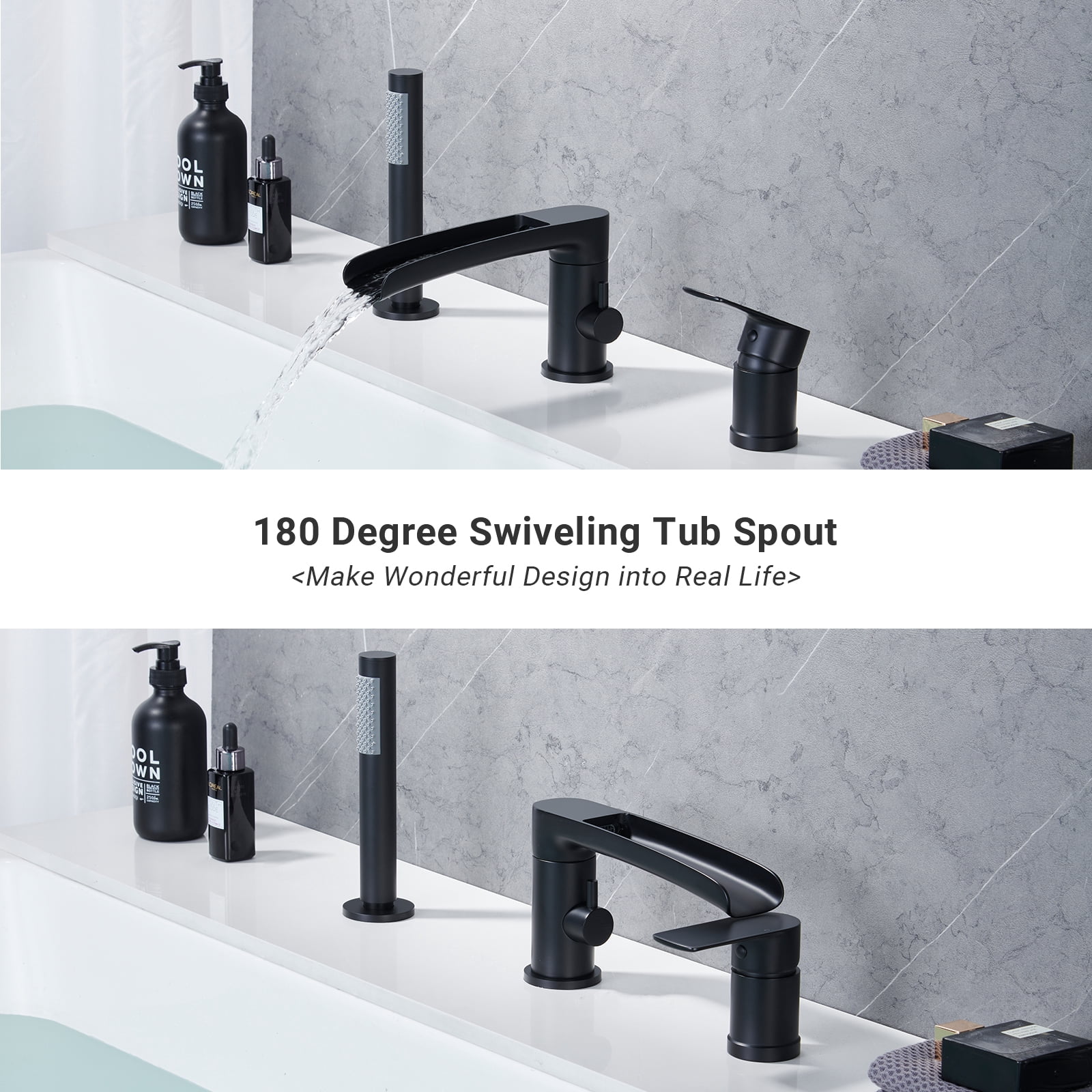 Roman Bathtub Faucet with Sprayer Deck Mount 3-Hole Tub Filler Faucet, Black Waterfall Roman Tub Faucet with Valve Included