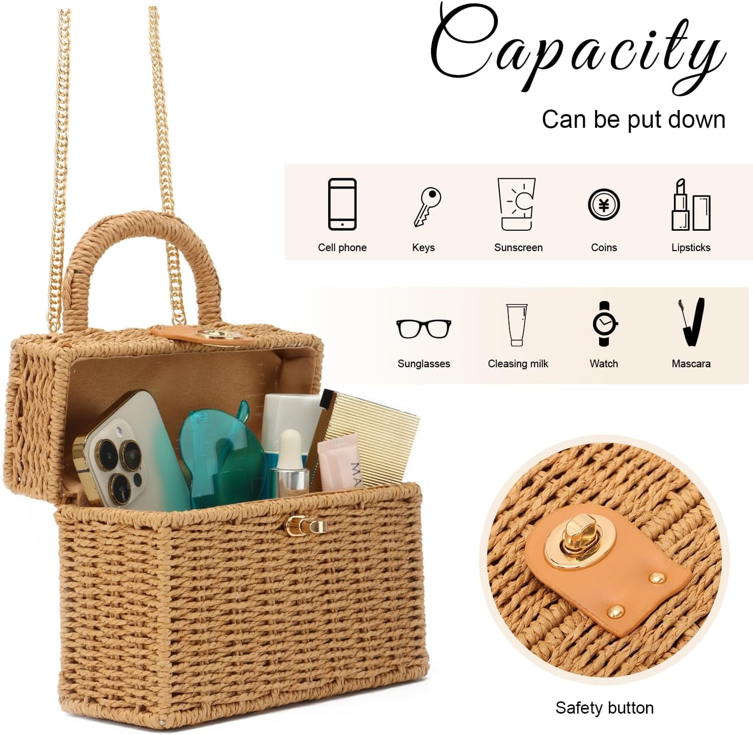 Handwoven Rattan Bag for Women Woven Straw Square Crossbody Bag Vintage Basket Purse Beach Tote Bag