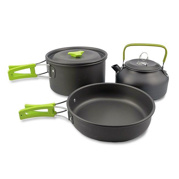 Utensilios de cocina al aire libre Camping Cocina Cocina Kit Kit de utensilios de cocina Portátil plegable Mango aislado Pan Mochilero Hervidor de agua Verde 3 piezas sidaley OD003503-03B