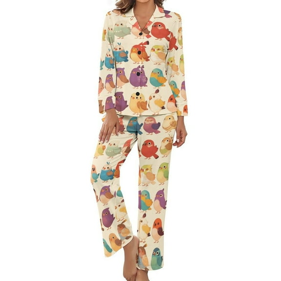 PoBuds Women's Long Sleeve Flannel Pajama Set Sleepwear Cute Bird Cartoon XL