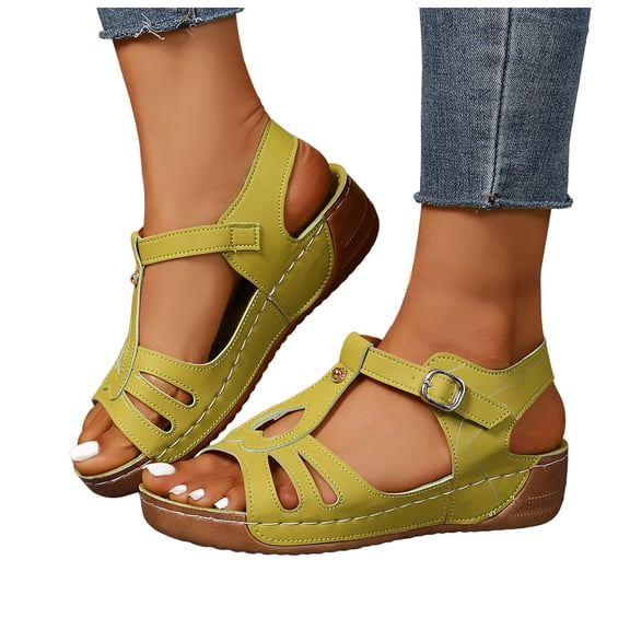 Rokment Womens Orthopedic Wedges Walking Gladiator Sandals Comfortable Fashion Casual Leather Platform Arch Support Orthotic Chunky Mid Heel Beach Summer Shoes Green Size 6