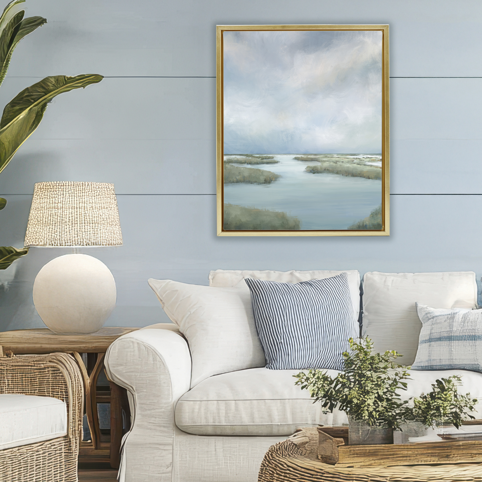 Hazy Marsh Land View Gold Framed Floater Canvas Wall Art, design by Leah Noel Art