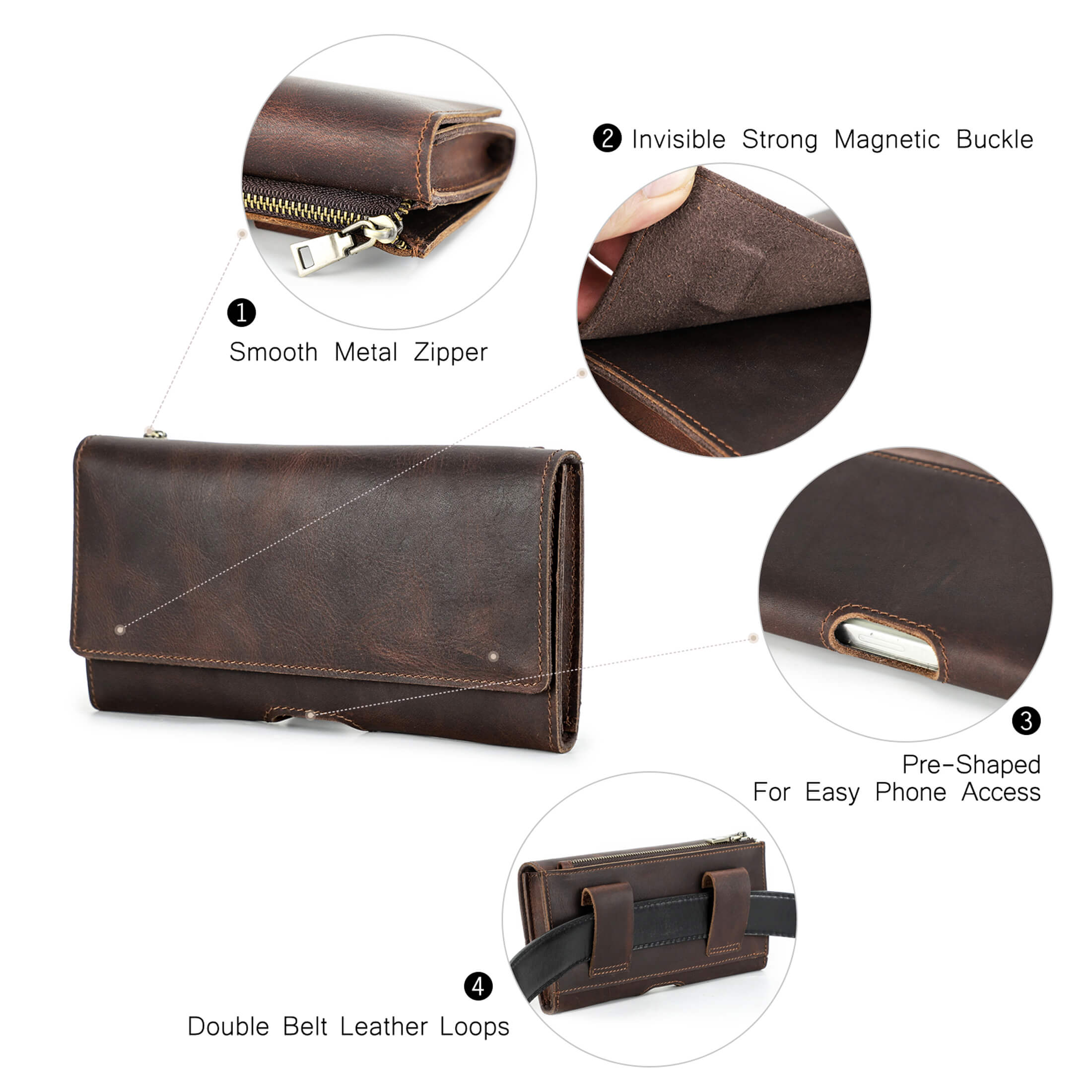 Contact's Leather Waist Case With Belt Clip for 6.7'' Phone , Travel Small Waist Belt Pouch ,Phone Pocket Card Holder, Valentine Gift, Coffee