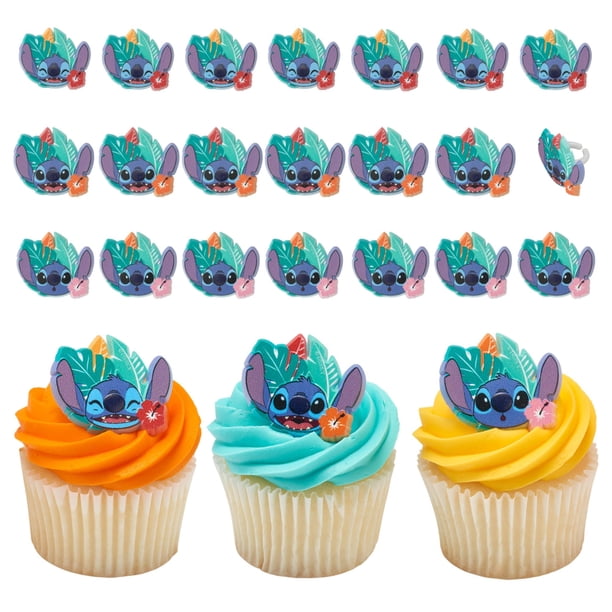 DecoPac Disney Stitch 'Ohana - Anillos para magdalenas, 24 decoraciones de magdalenas de lilo y puntadas para fiestas de cumpleaños y celebraciones, decoraciones seguras para alimentos, paq