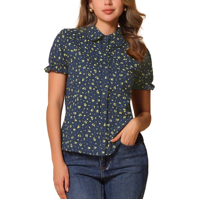 INSPIRAR CHIC Blusa de Algodón Floral con Mangas Abullonadas y Cuello Peter Pan para Verano, Uso Casual, Talla S, Azul Oscuro