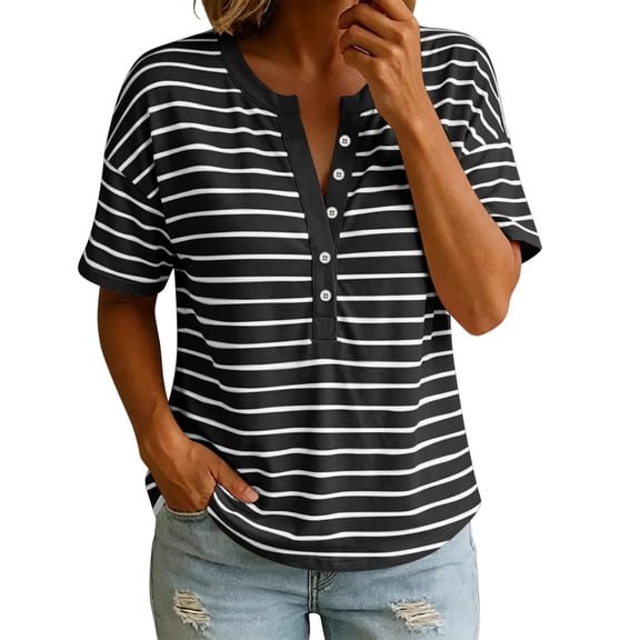 Aezemi Women Striped Button Shirts Pullover Loose Fit Short Sleeve Summer Daily Home Fashion Tees Baggy Outdoor Work Walking All Match Soft Casual Tops XL