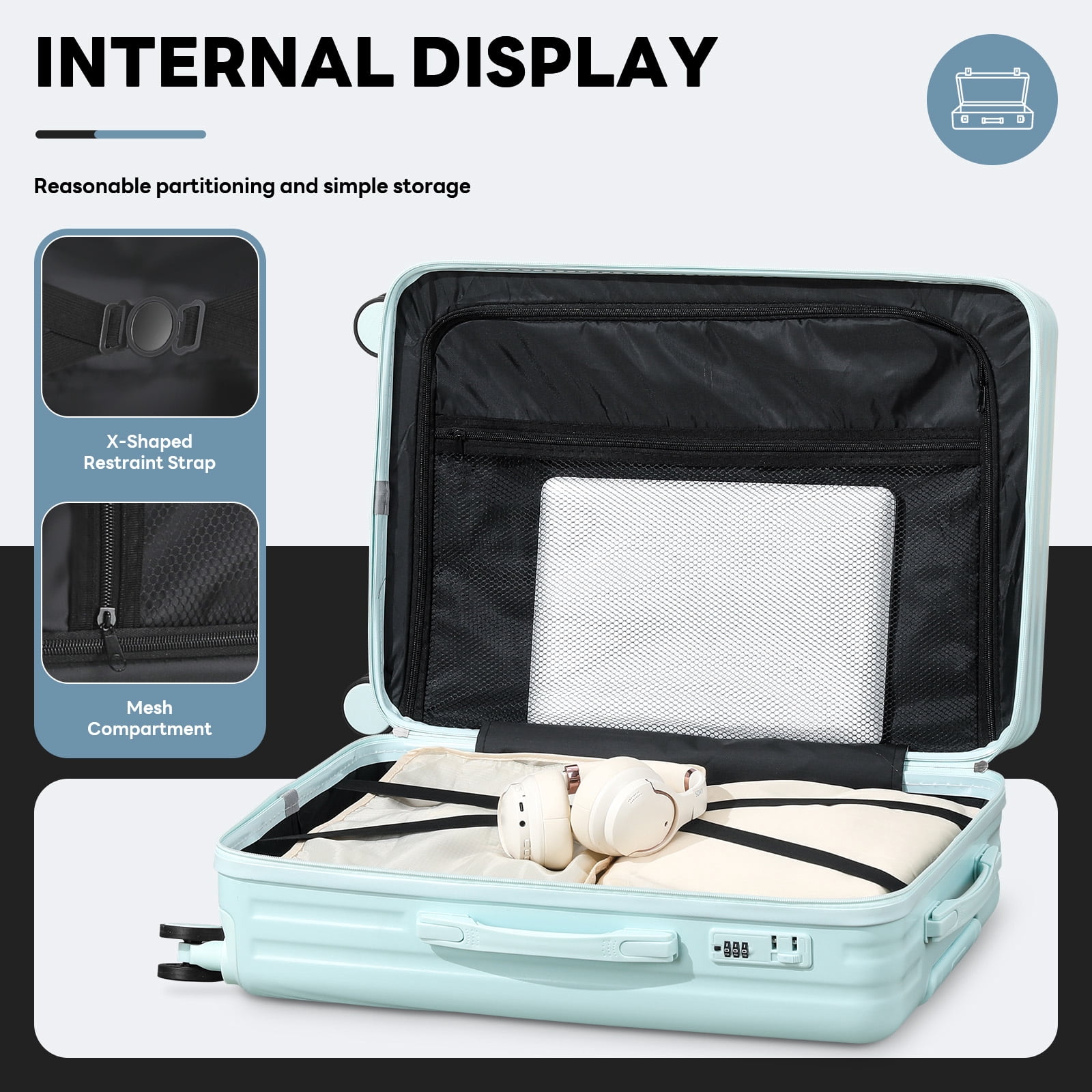 2-Piece Lightweight Carry-on Luggage Set, ABS/PC Hard Shell, 360 Spinner Wheels, Cup Holder & USB Charging Port (Blue)