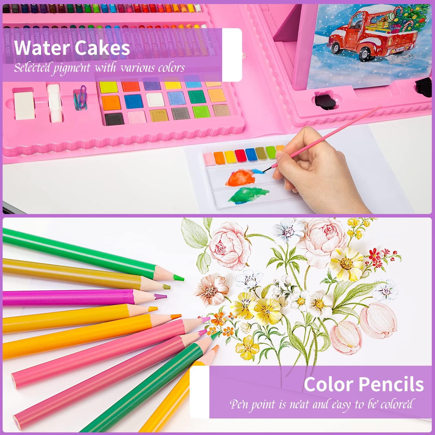 Drawing Art Kit for Kids,Double Sided Trifold Easel Art Set, 208 PCS Art Supplies,Drawing Art Box with Oil Pastels, Crayons, Colored Pencils, Markers, Paint Brush, Watercolor Cakes,Pink