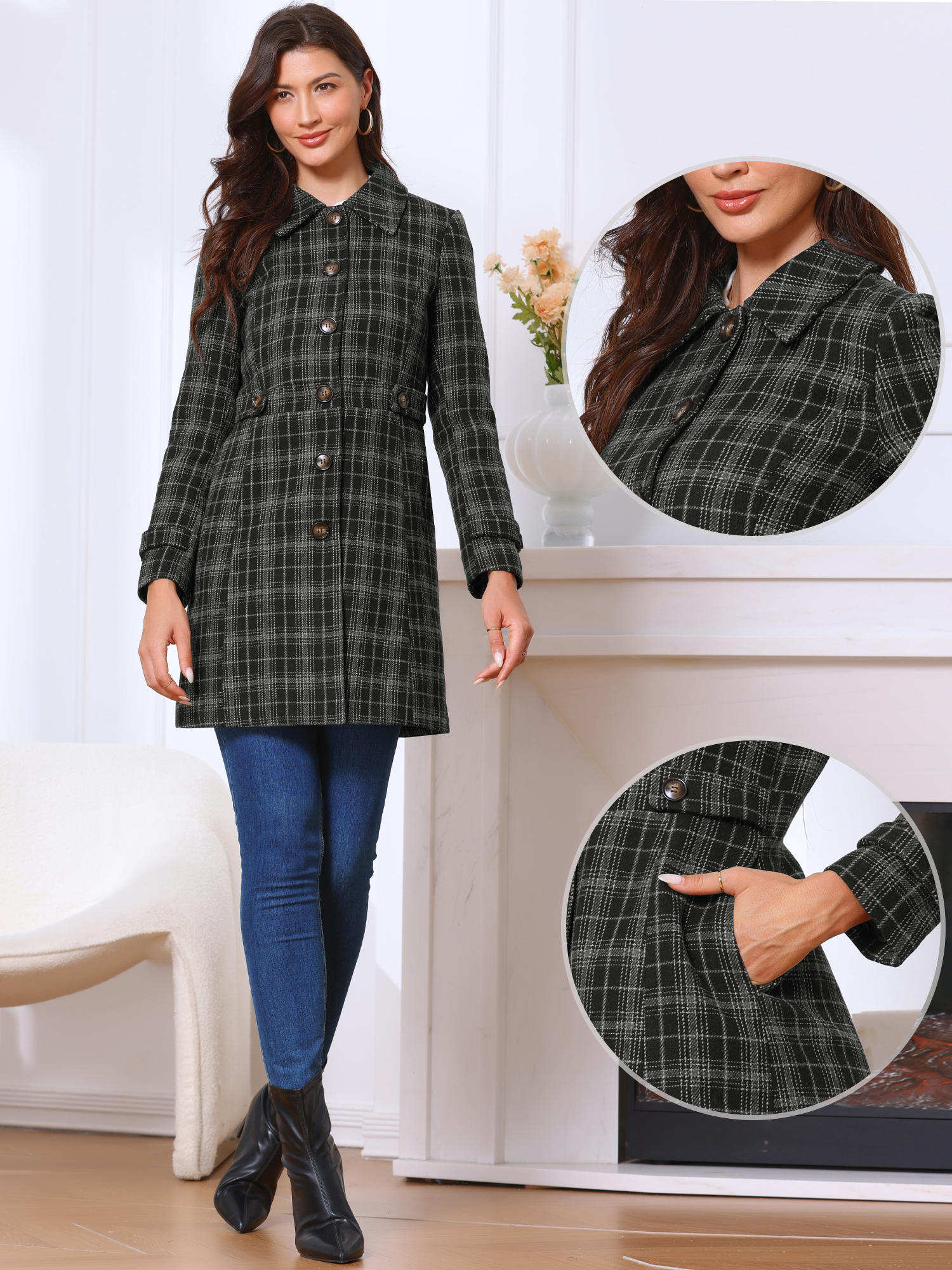 DARING DIVA Women's Single Breasted Vintage Winter Overcoat Plaid Pea Coat XS Black