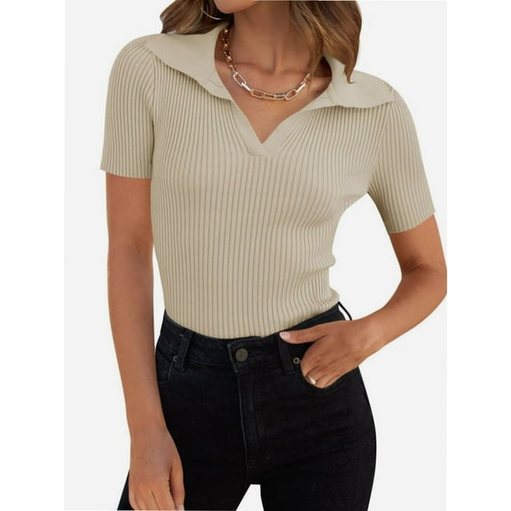 Womens V Neck T Shirts Short Sleeve Slim Fit POLO Tops Solid Color Trendy Summer Basic Tee T-Shirts