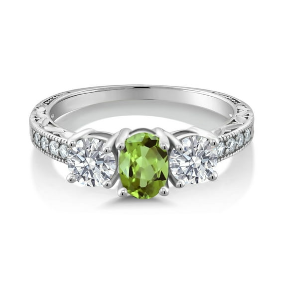 Gem Stone King 10K White Gold Green Peridot and Lab Grown Diamond Engagement Ring for Women | 2.02 Cttw | Oval 7X5MM | Gemstone August Birthstone | Size 9