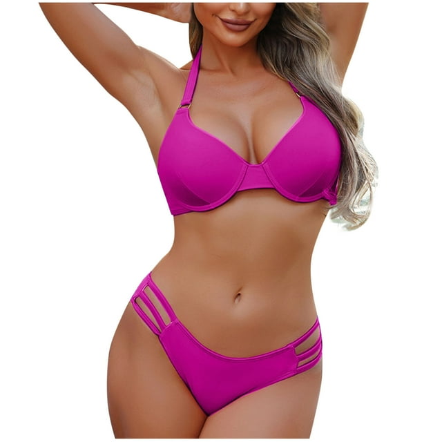 Tqcoqu Women Solid Color Sexy Backless Strap Bikini Swimsuit