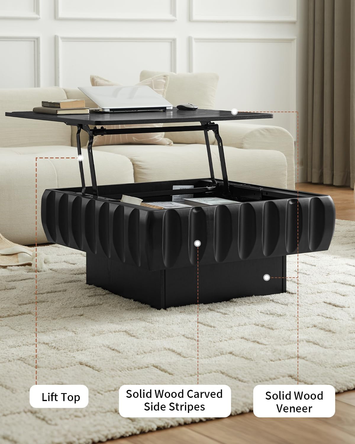 Lift Top Coffee Table with Hidden Storage, 31 inch Solid Wood Fluted Design for Small Space Living Room, Black