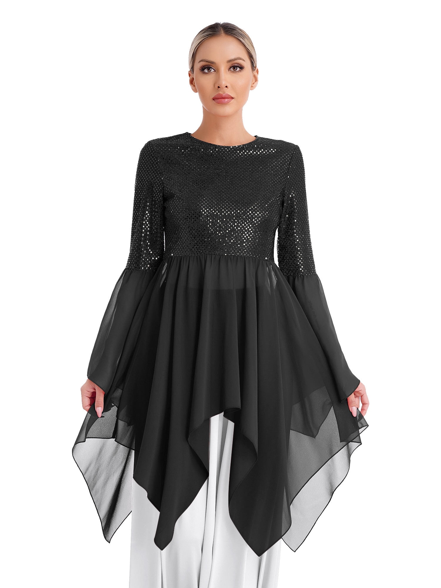 princess polly baby blue dress Womens Liturgical Dance Dresses Shiny Sequins Worship Tunic Flared Sleeve  Asymmetrical Hem Dress Black XXL