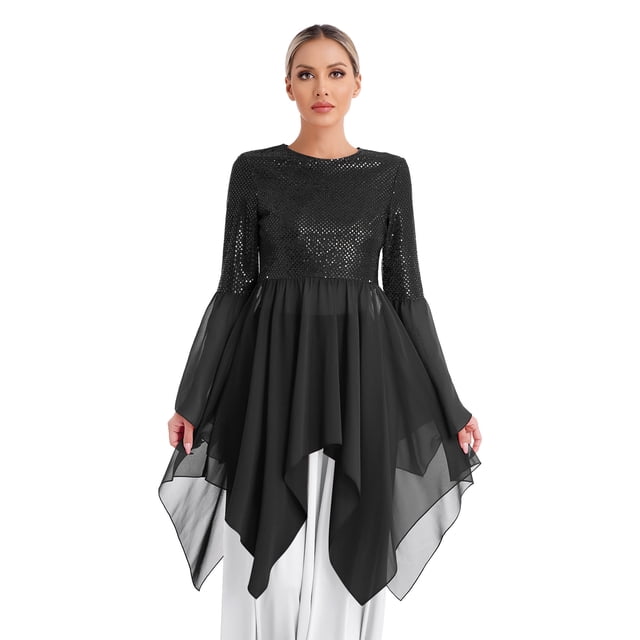 Yanarno Robe de Danse Liturgique de Louange pour Femmes, Costume de Performance de Danse de Culte à Paillettes Patchwork Noir P