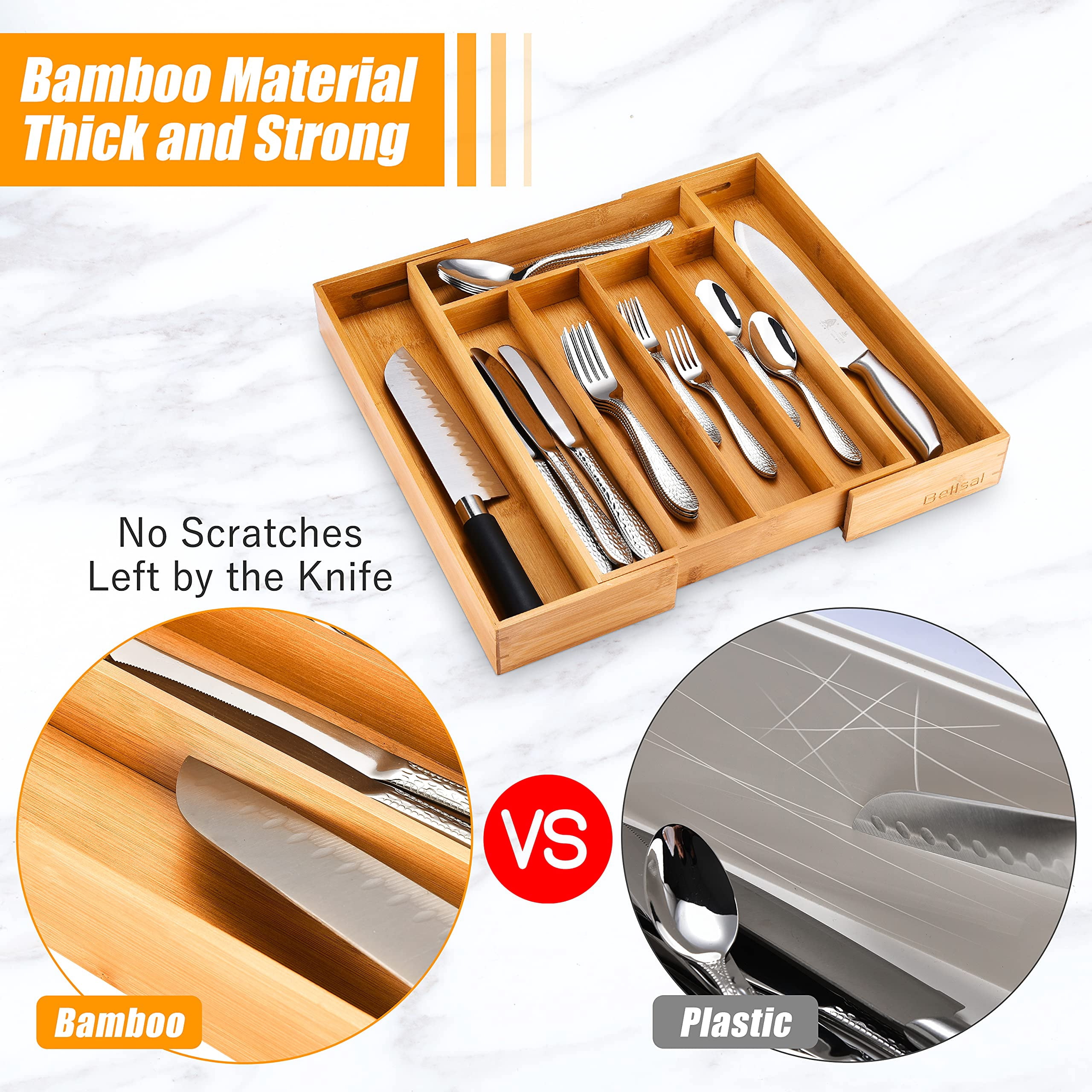 Binsuca Silverware Organizer Kitchen Drawer Organizer Expandable Bamboo Utensil Holder Cutlery Tray for Kitchen Utensil and Flatware Bedroom Office