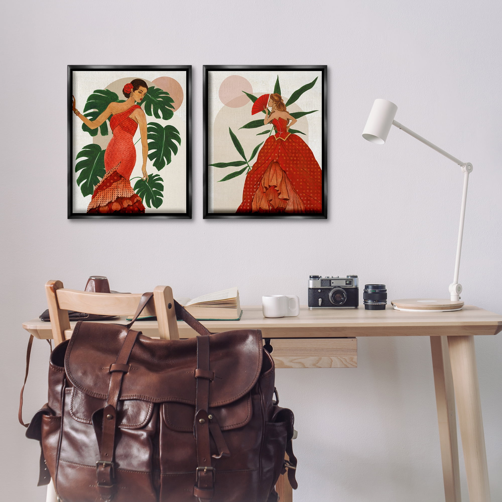 Stupell Industries Tropical Fashionistas in Red People Painting Black Floater Framed Canvas Art Print Wall Art, 17 x 21, Set of 2