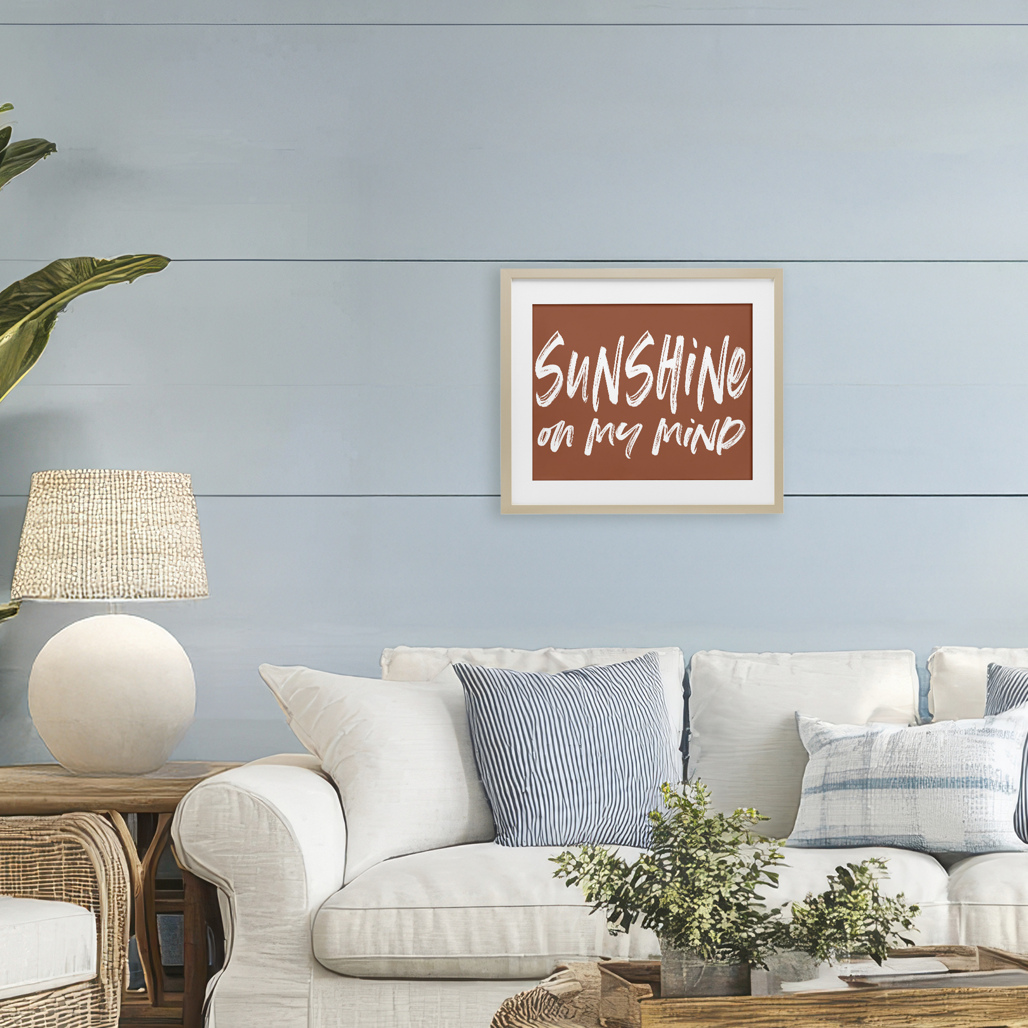 Sunshine State Of Mind Brown Birch Framed Print Under Glass, design by Lettered and Lined