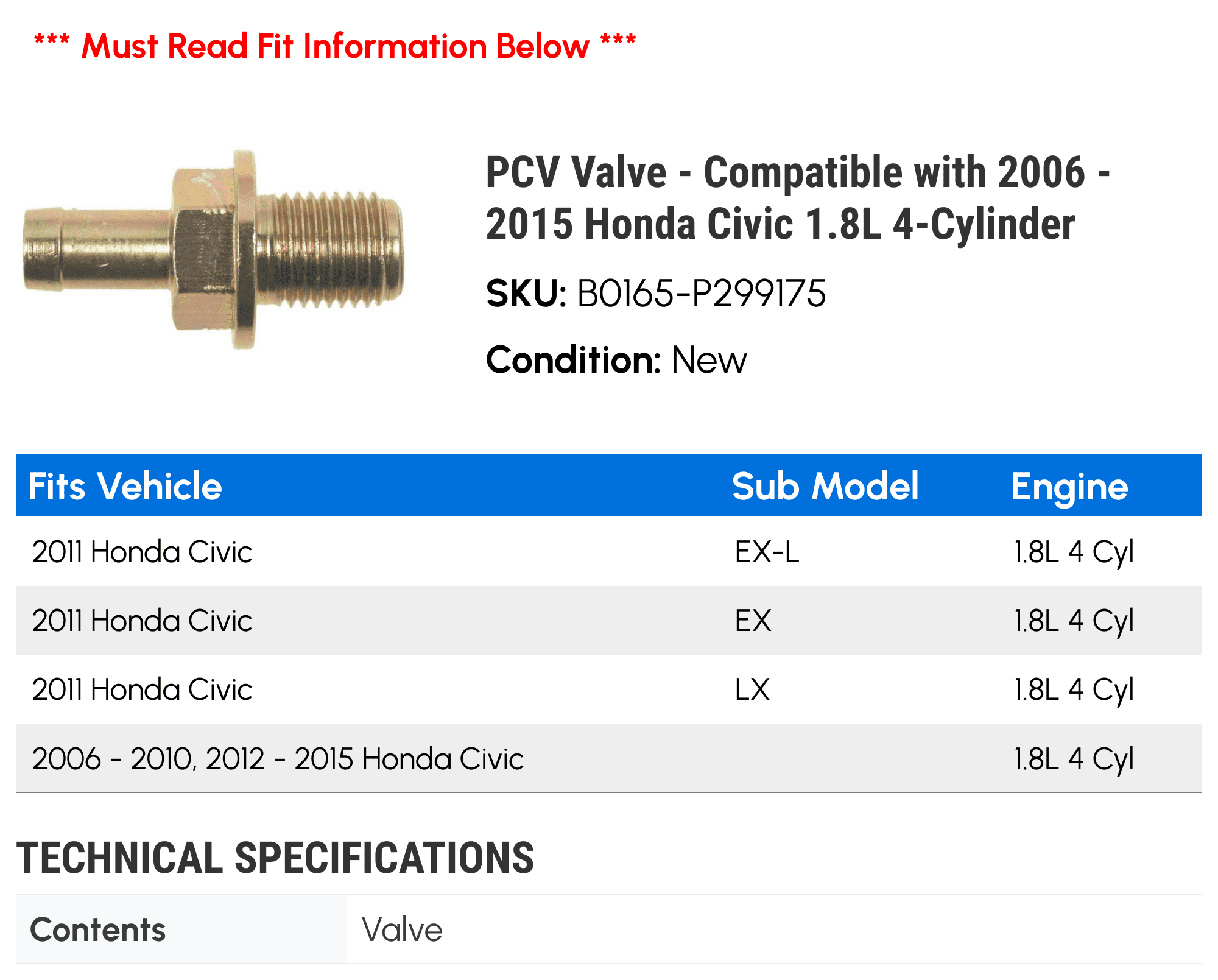 PCV Valve - Compatible with 2006 - 2015 Honda Civic 1.8L 4-Cylinder 2007 2008 2009 2010 2011 2012 2013 2014
