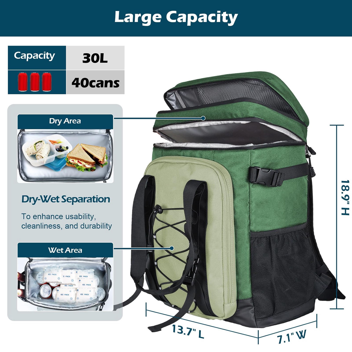 HOMEYA Cooler Backpack,40 Cans Backpack Cooler Insulated Leak Proof,Portable Multifunctional Double Deck Camping Coolers Bag for Picnic Hiking Travel,Army Green