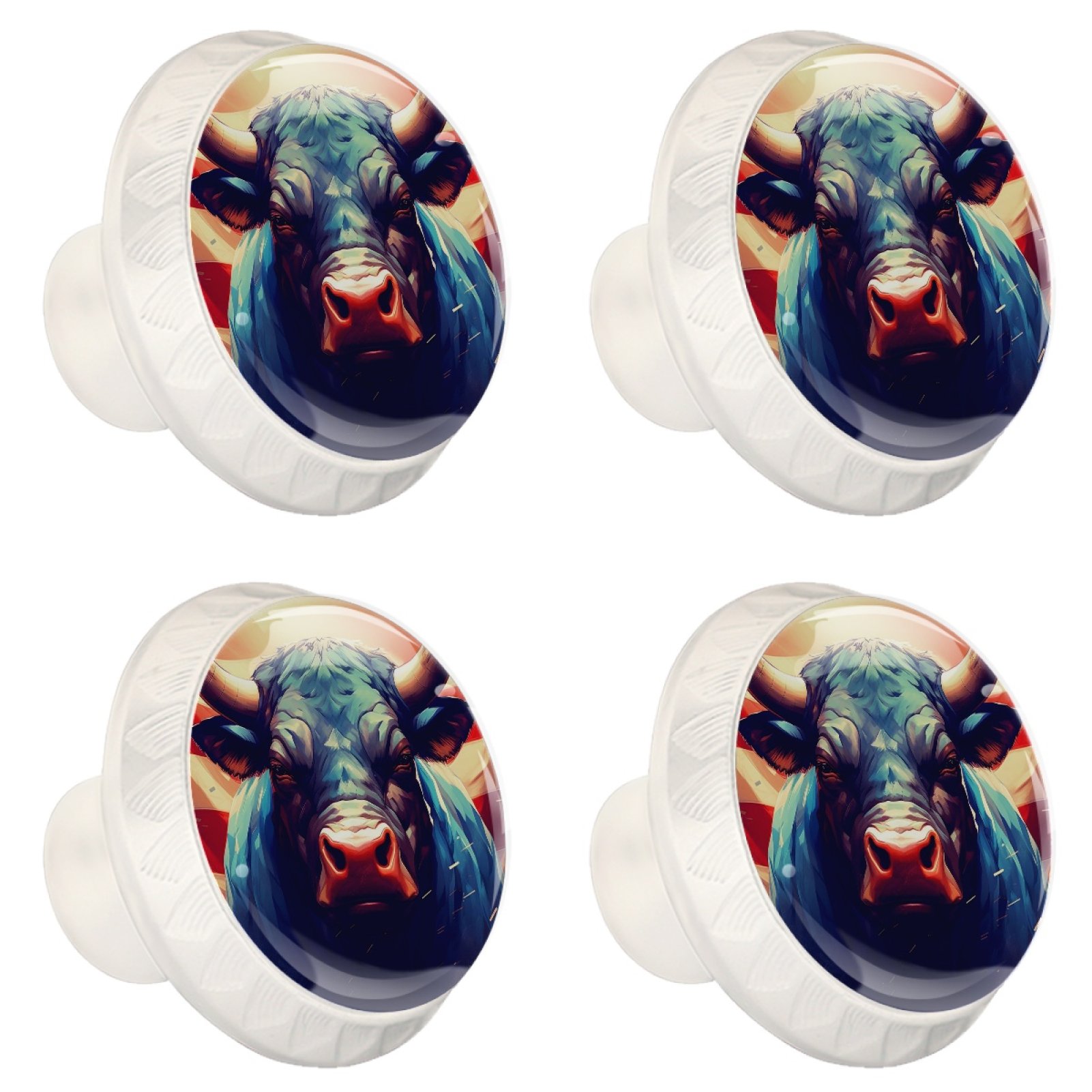 4 Pcs Cow American Flag Knobs for Kitchen Cabinet Cupboard Dresser Bookcase Drawer Pulls Handles Round Home Decor