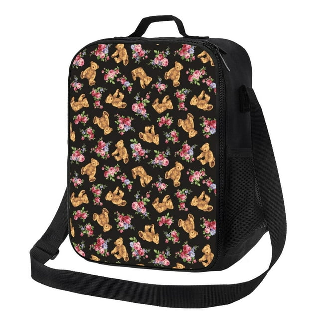 Vsdgher Rose Flower Bear Pattern Reusable Lunch Box, Insulated Lunch Bag Thickened Thermal Leakproof Lunch Tote Bag for Adult Office & Travel Picnic