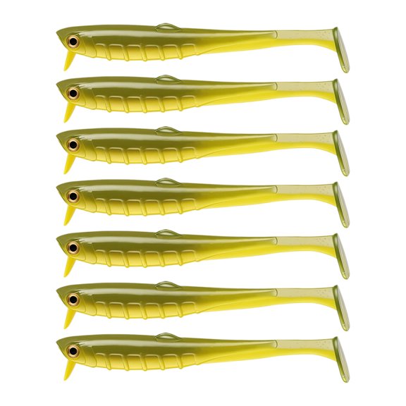 Soft Plastic Swimbaits, Olive Green Bicolor T-Tail Lures, 3.5 inch 0.1 oz 7 Count PVC Weedless Bionic Soft Baits, Freshwater Saltwater Fishing for Bass Trout Salmon