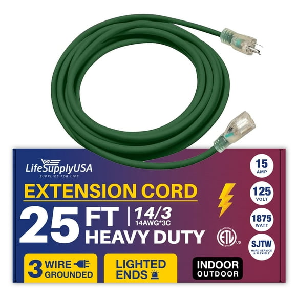 25ft Power Outdoor Extension Cord & Indoor - Waterproof Electric Drop Cord Cable - 3 Prong SJTW, 14 Gauge, 15 AMP, 125 Volts, 1875 Watts, 14/3 ETL Listed by LifeSupplyUSA - Green (1 Pack)