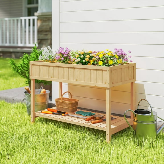 Outsunny Wooden Raised Garden Bed with 8 Slots, Elevated Planter Box Stand with Open Shelf for Limited Garden Space to Grow Herbs, Vegetables