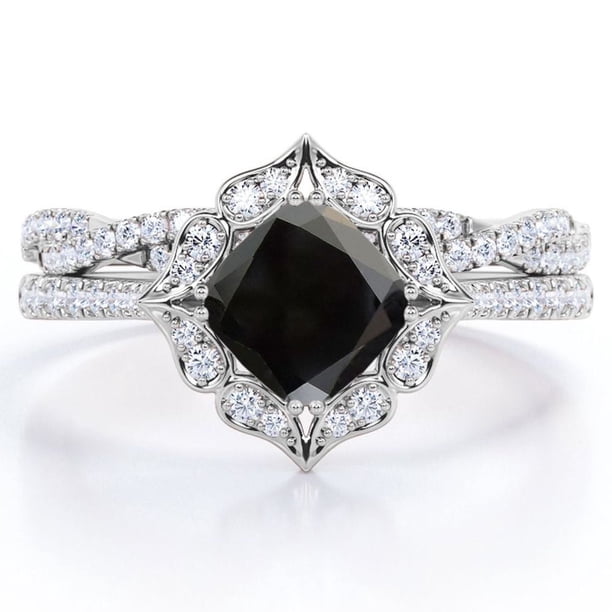 JeenMata Anillo Nupcial con Pavé Infinito de Moissanita y Diamantes Negros Cultivados en Laboratorio de Talla Cojín de 1,5 Quilates Engastado en Oro Blanco de 18 K sobre Plata