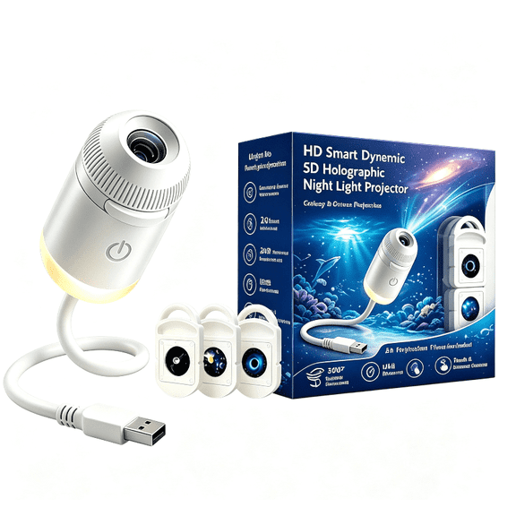 HD Holographic Night Light Projector, USB Galaxy Ocean Projector, 3 Film Slides, Flexible Gooseneck 2‑in‑1 Projection Night Light