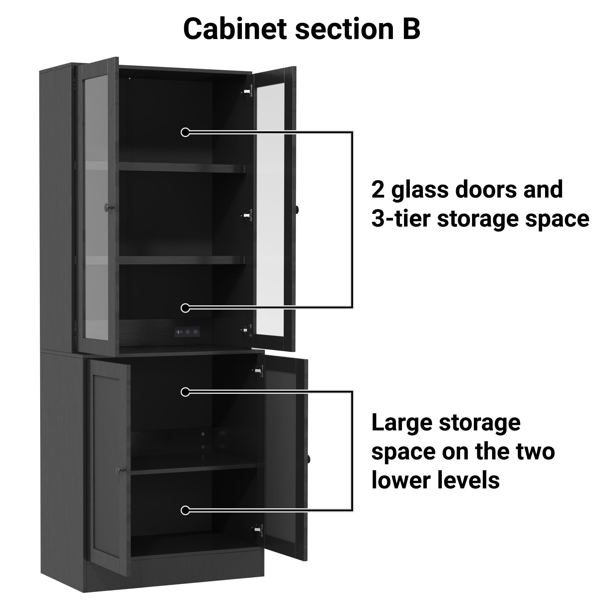 IDEALSOUL 3PCS 71" Tall Bookcase with Drawers, Black Combination Bookcase with Charging Station and LED Light, Freestanding Display Cabinet with Large Storage Space for Living Room, Office, Bedroom