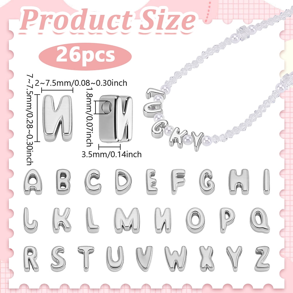26Pcs 304 Stainless Steel Beads Letter A~Z Stainless Steel Color 7~7.5x2~7.5x3.5mm Hole: 1.8mm