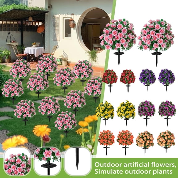 Outdoor Topiary Setof2, Faux Outdoor Plants, Orange Flower Decor, Decorative Garden Stakes, Garden Decorations Outdoor, Backyard Decorations Outdoor, 12inSpherical Topiary, Uv